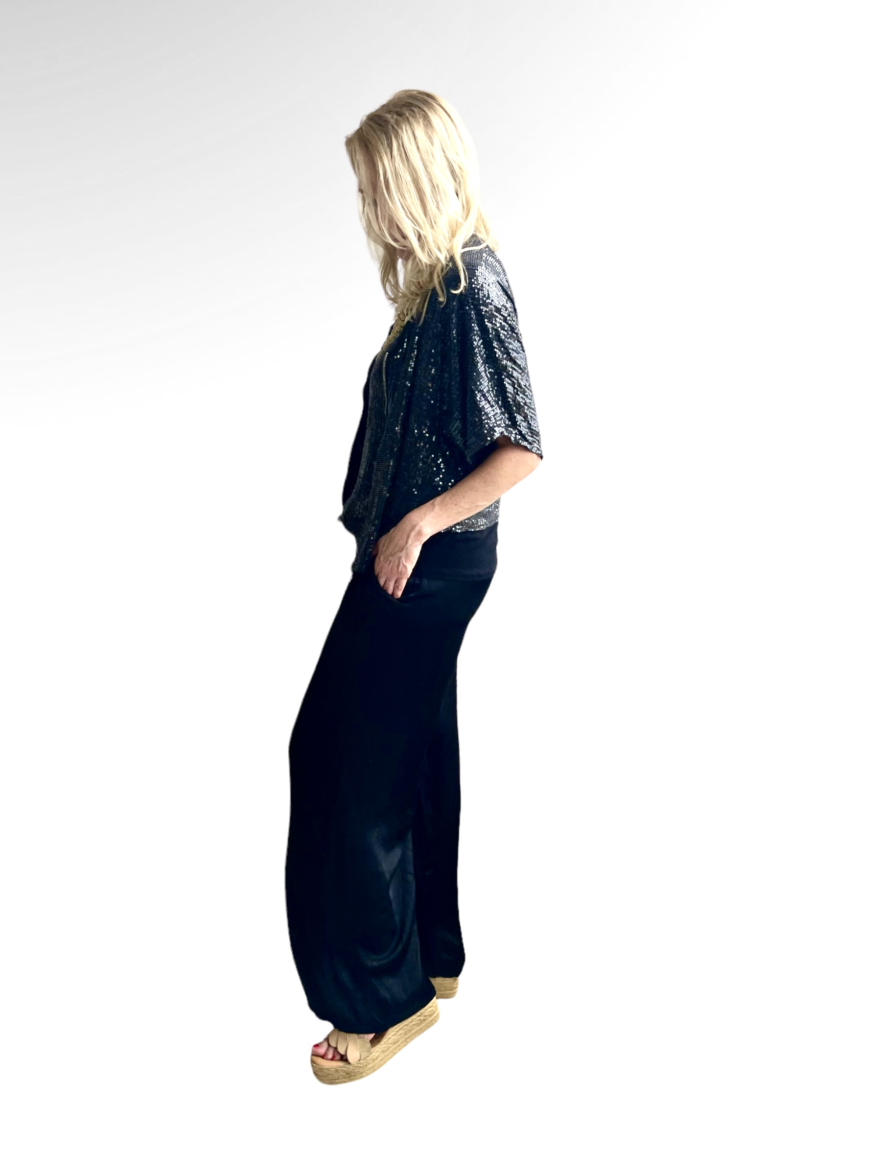PANTALON PALAZZO RASO NEGRO Con Alma Shop